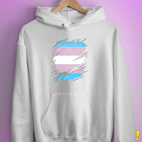 Transgender Pride Flag Ripped Reveal Hoodie - White